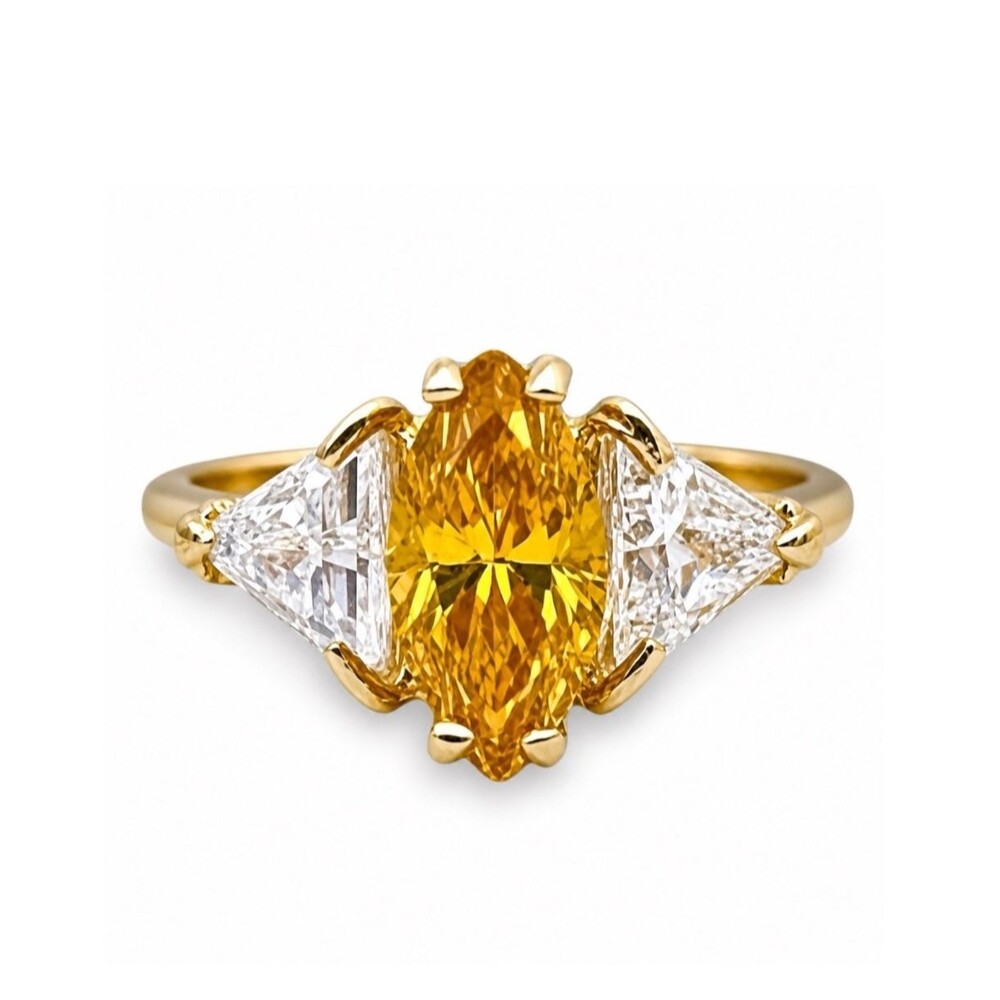 Vintage 1980s Ring Size 8 Yellow CZ Marquise Three Stone Gold Plated - 14L